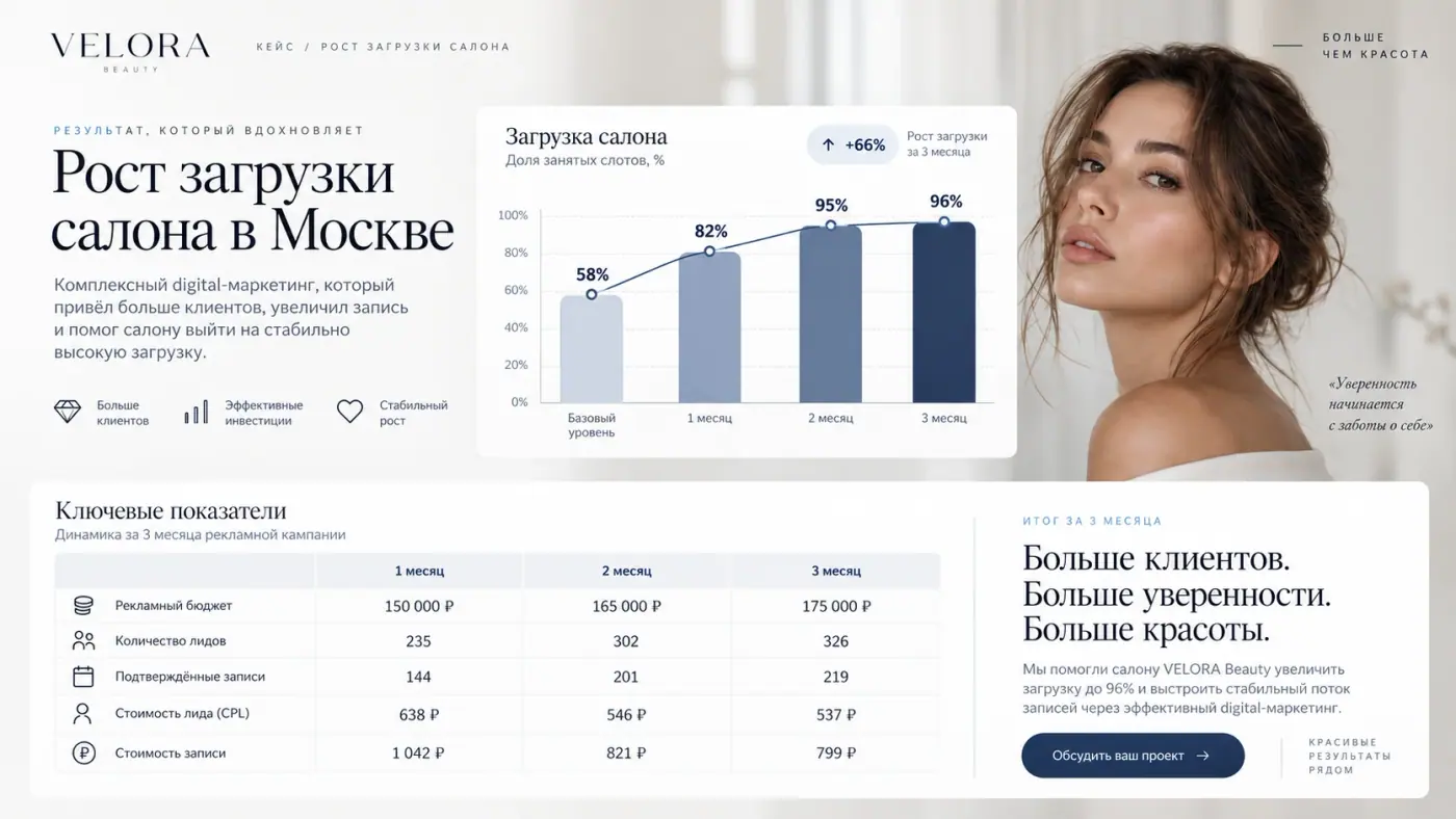 Синтетическая визуализация: загрузка 58% → 82% → 95% → 96% и согласованные показатели unit-экономики