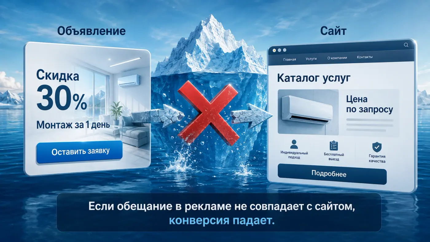 Когда обещание в объявлении не совпадает с посадочной страницей, конверсия падает ещё до диалога с компанией.